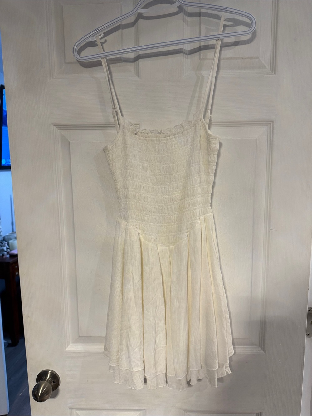 Garage Cream Smocked Mini Dress with Spaghetti Straps
